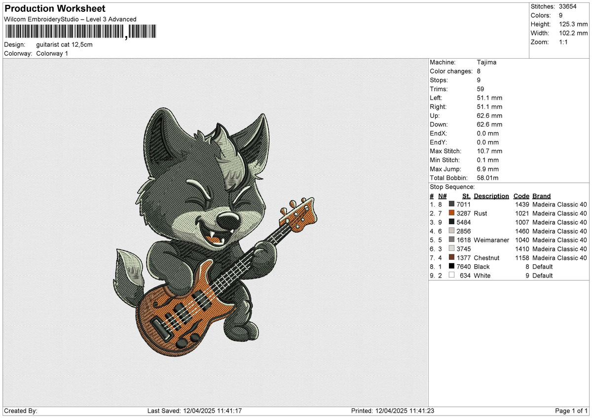 Guitarist Cat Embroidery File 6 size