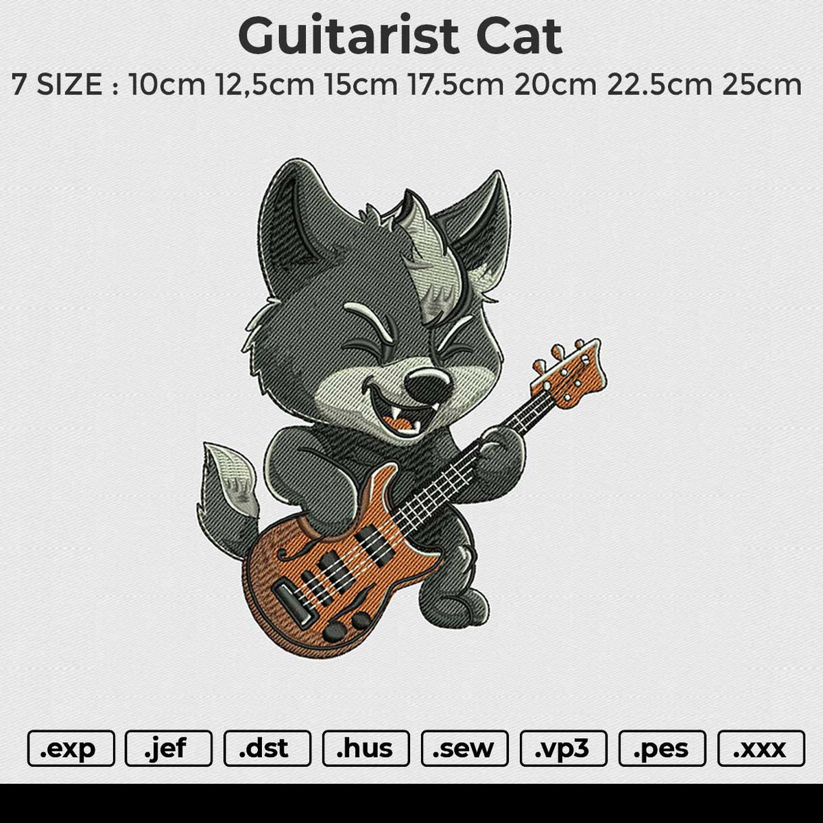 Guitarist Cat Embroidery File 6 size