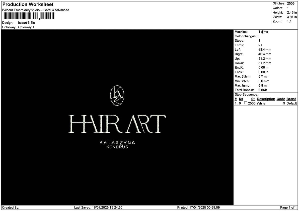 Hairart Embroidery File 6 sizes