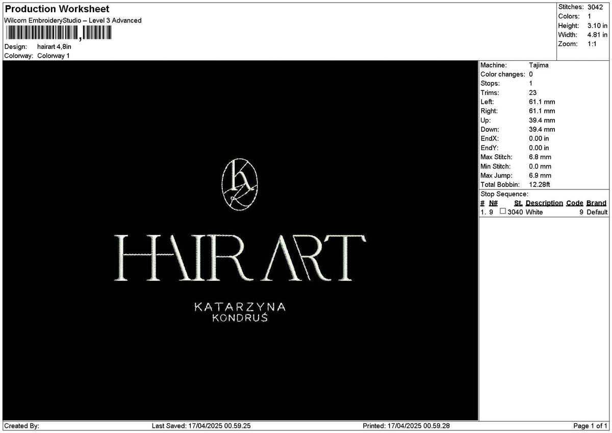 Hairart Embroidery File 6 sizes