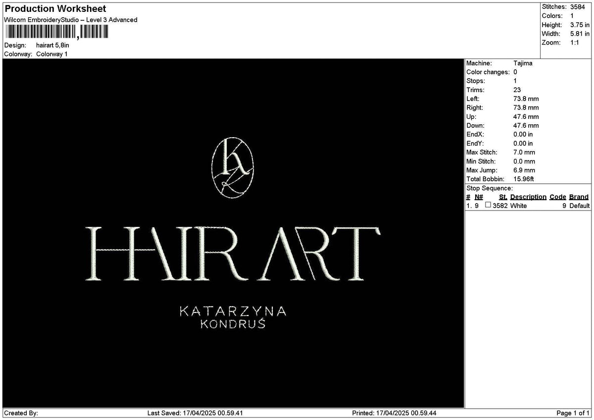 Hairart Embroidery File 6 sizes