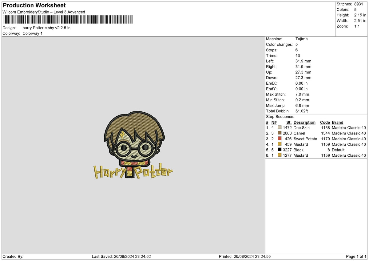 Harry Chibi V2 Embroidery File 6 sizes