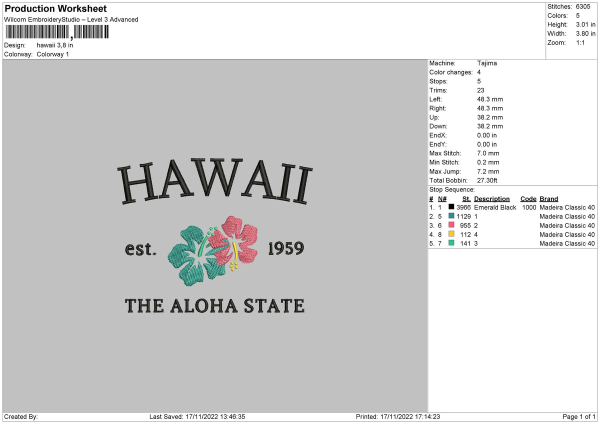Hawaii Est 1959 Embroidery File 6 sizes
