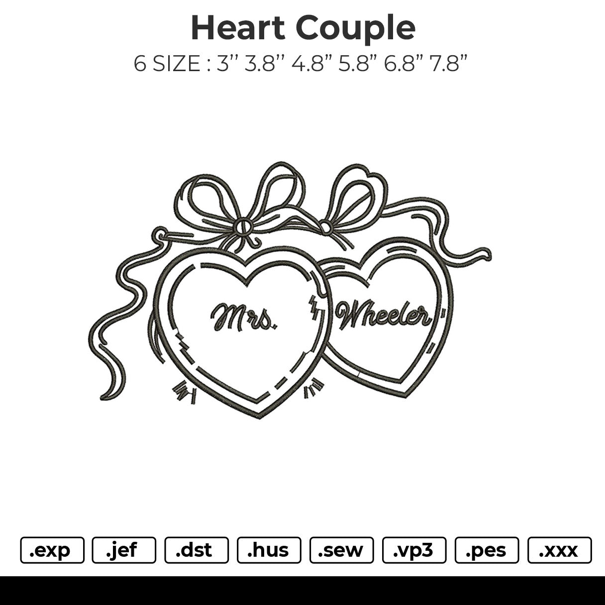 Heart Couple Embroidery File 6 sizes