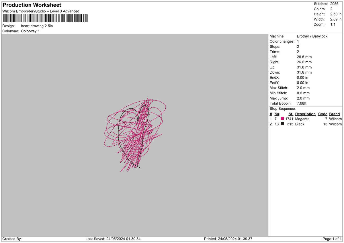 Heart Drawing Embroidery File 6 sizes