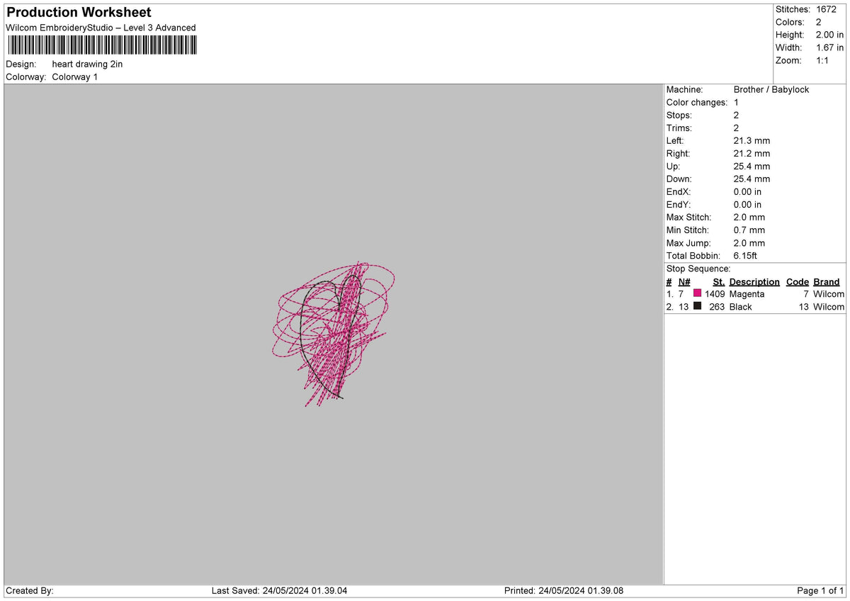 Heart Drawing Embroidery File 6 sizes