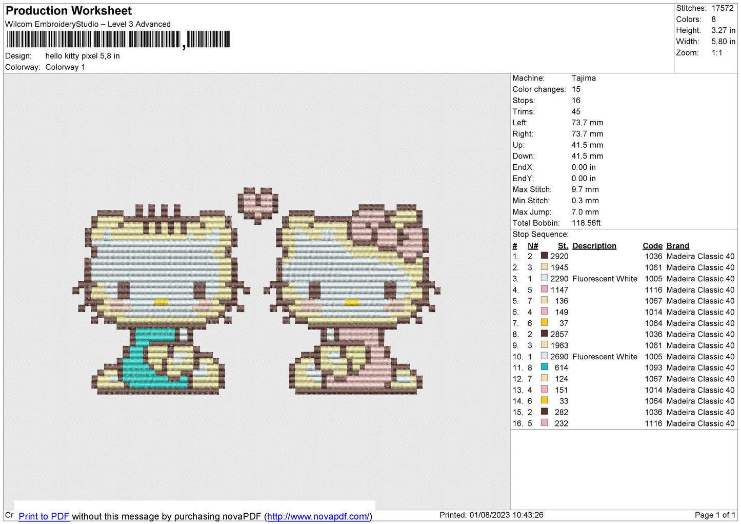 Hello Kitty Pixel Embroidery File 6 size