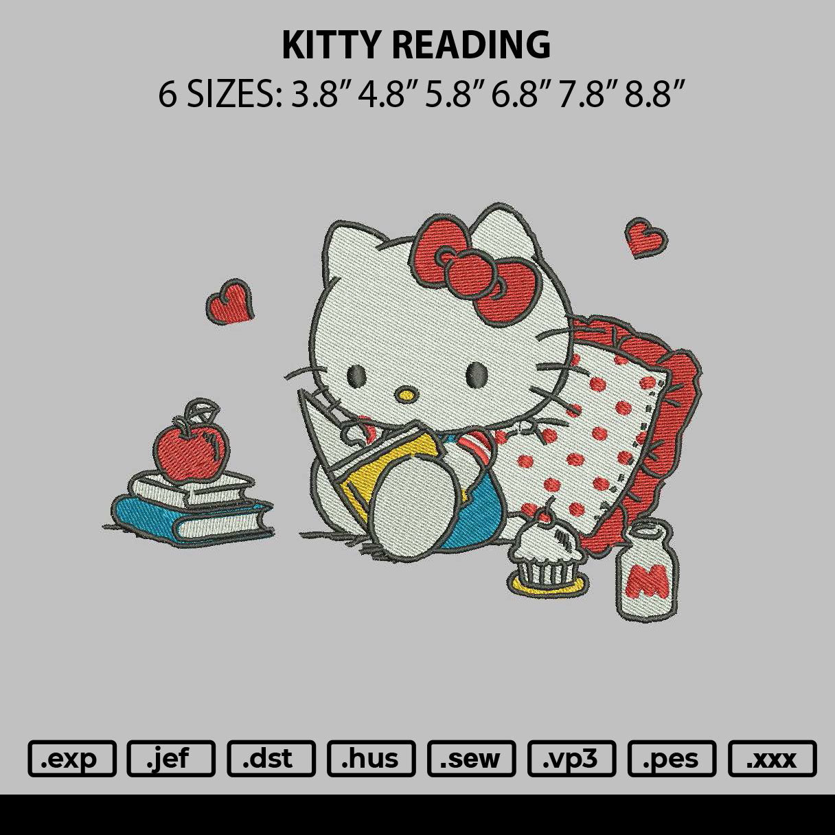 Kitty Reading Embroidery File 6 sizes