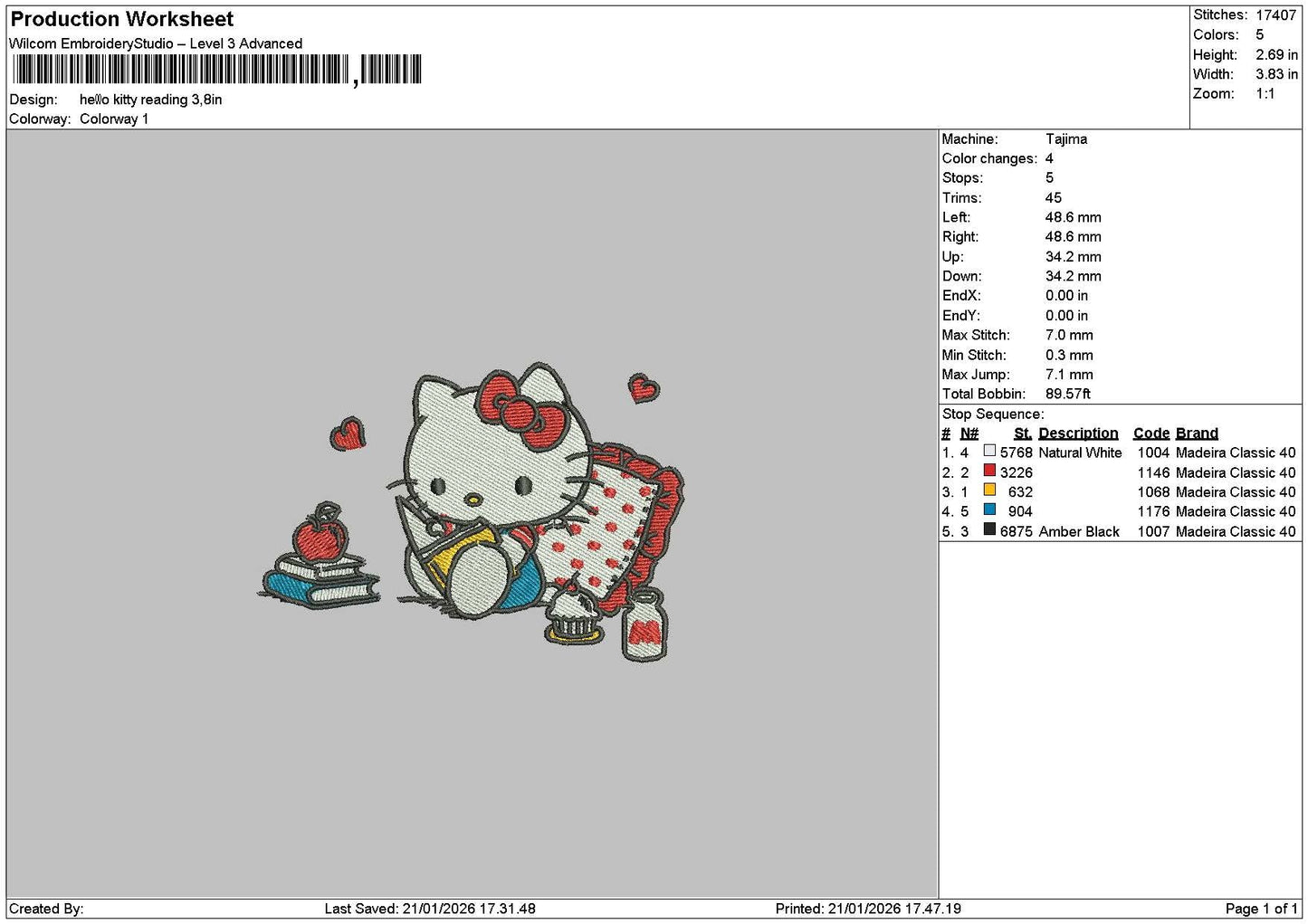 Kitty Reading Embroidery File 6 sizes