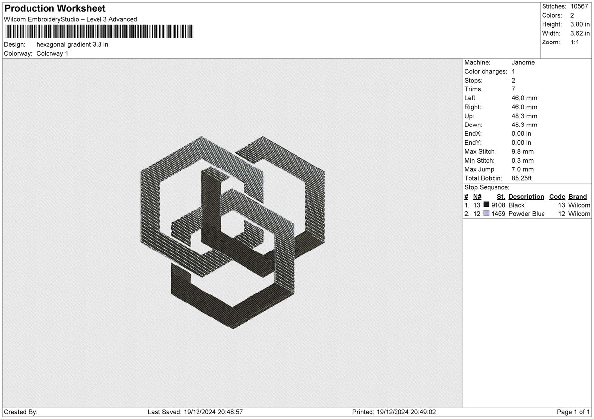 Hexagonal Gradient Embroidery File 6 size