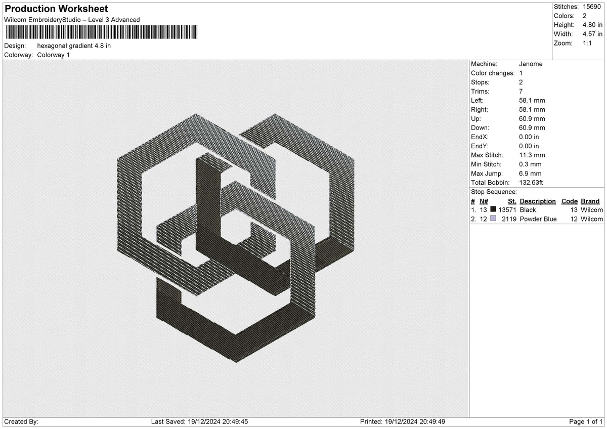 Hexagonal Gradient Embroidery File 6 size