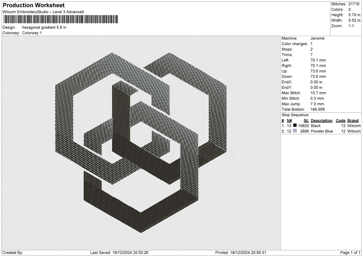 Hexagonal Gradient Embroidery File 6 size