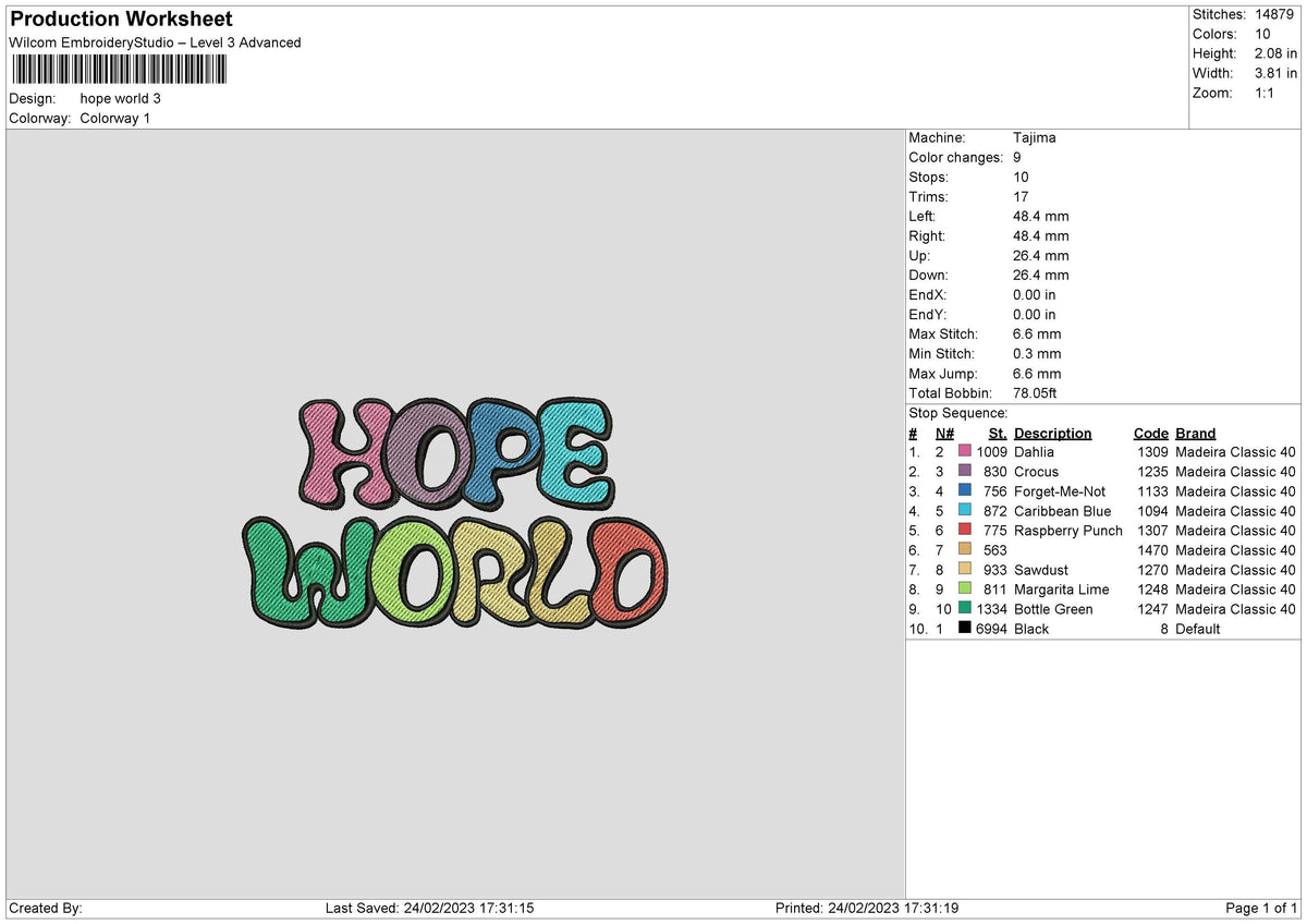 Hope World Embroidery File 6 sizes