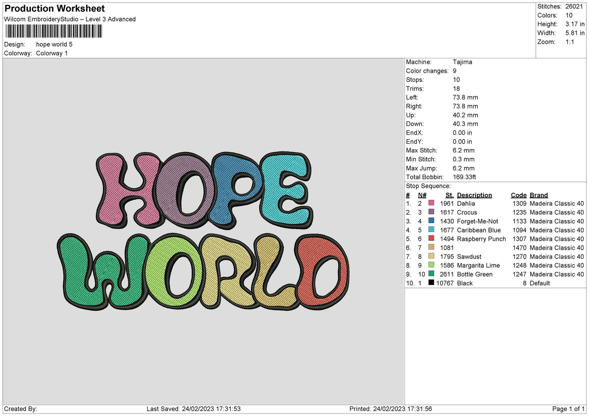 Hope World Embroidery File 6 sizes