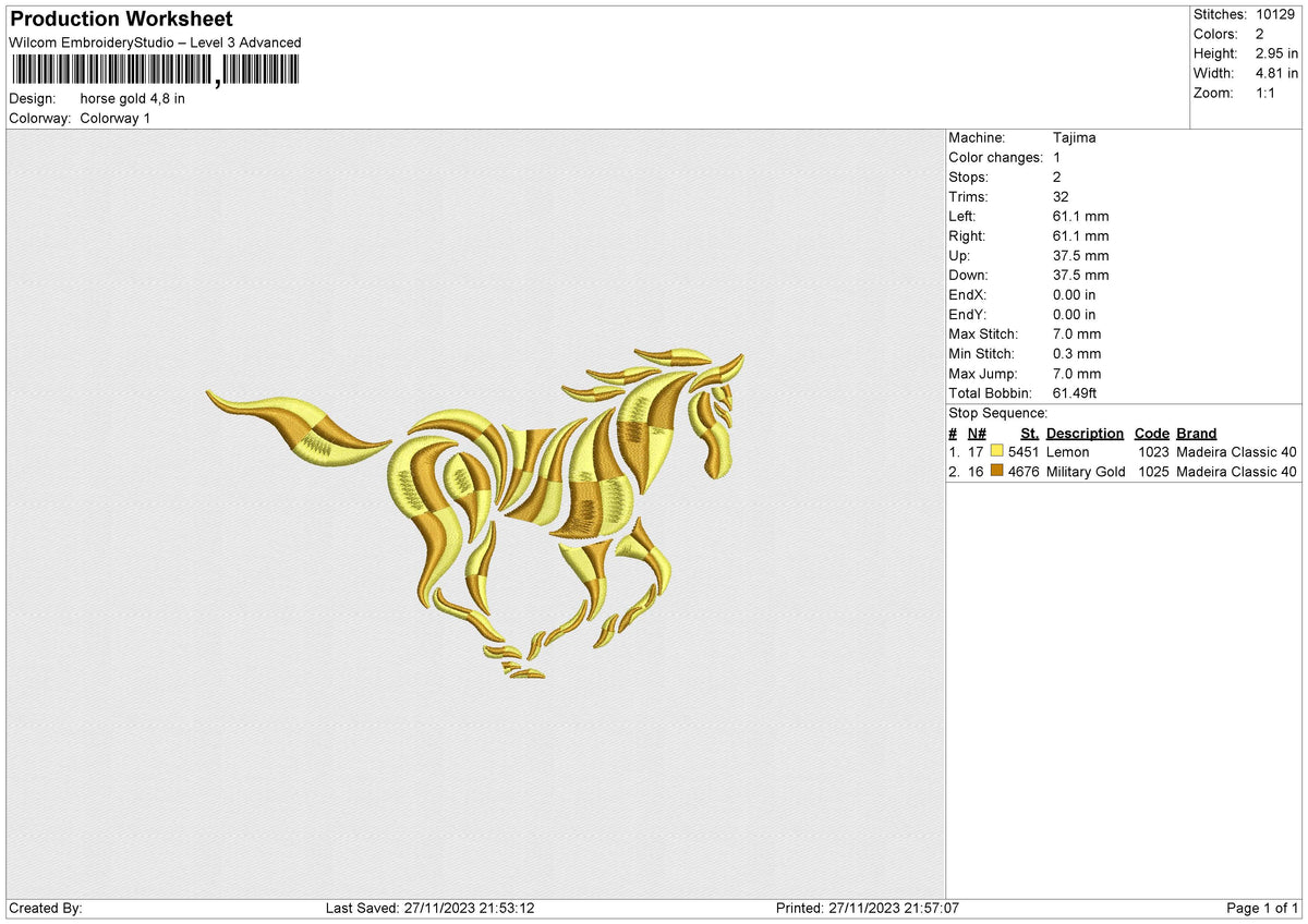 Horse gold Embroidery File 6 size