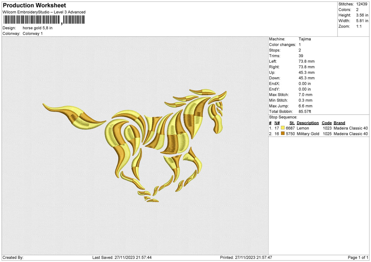 Horse gold Embroidery File 6 size