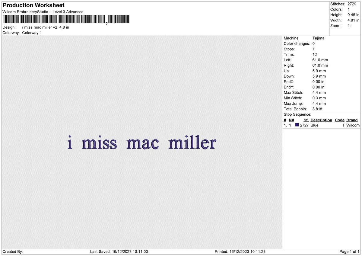 I miss mac miller v2  Embroidery File 6 size