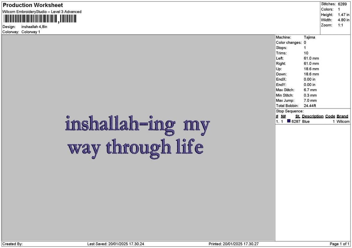 Inshallah Text Embroidery File 6 sizes