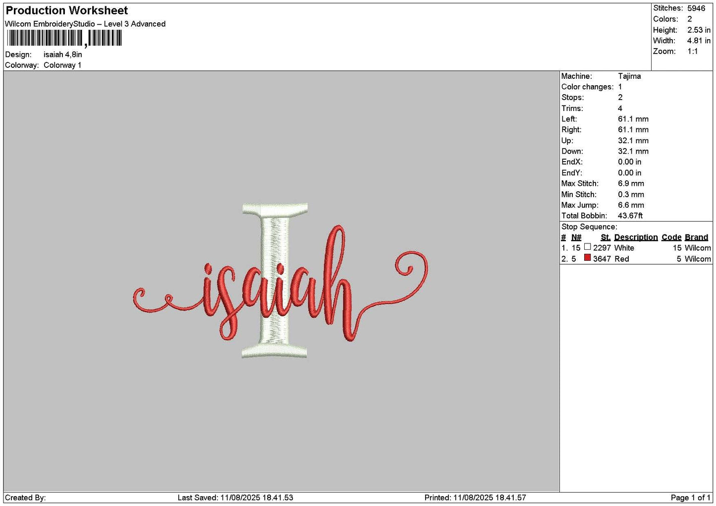 Isaiahtext Embroidery File 6 sizes