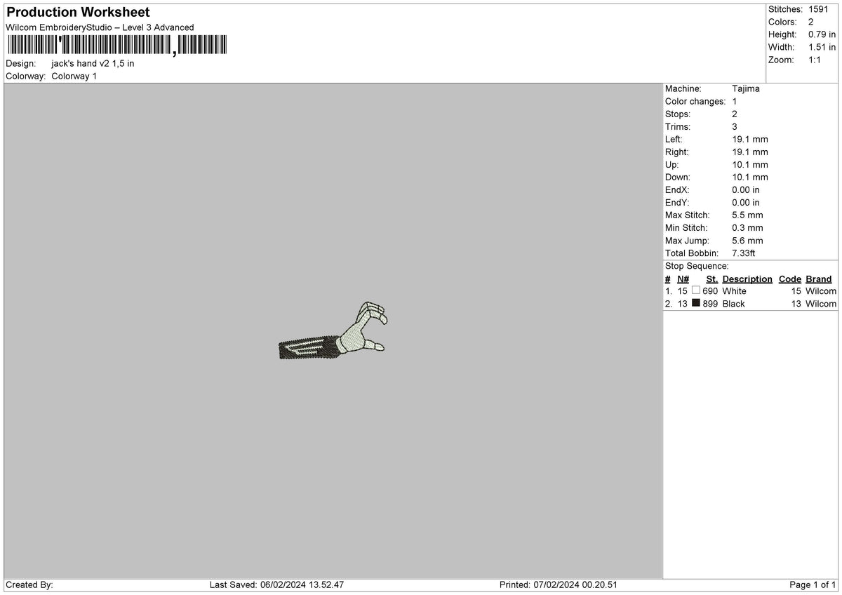 Jacks Hand V2 Embroidery File 6 sizes