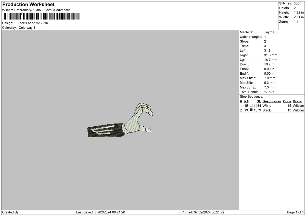Jacks Hand V2 Embroidery File 6 sizes