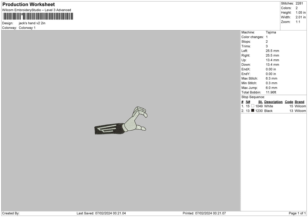 Jacks Hand V2 Embroidery File 6 sizes