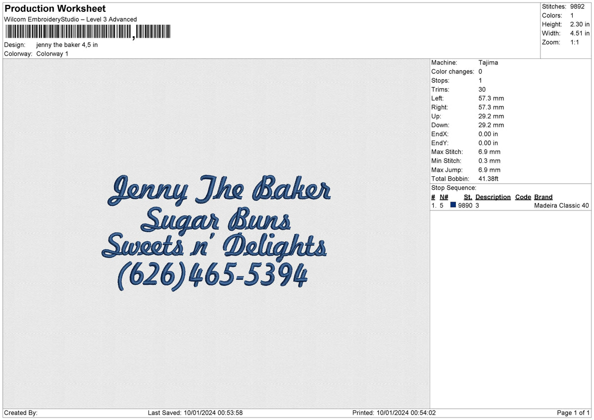Jenny the baker Embroidery File 6 size