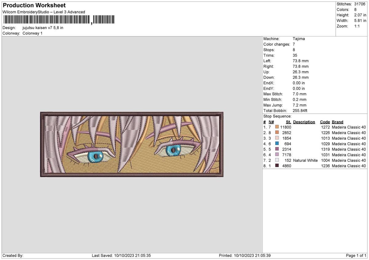 Jujutsu kaisen v7 Embroidery File 6 size