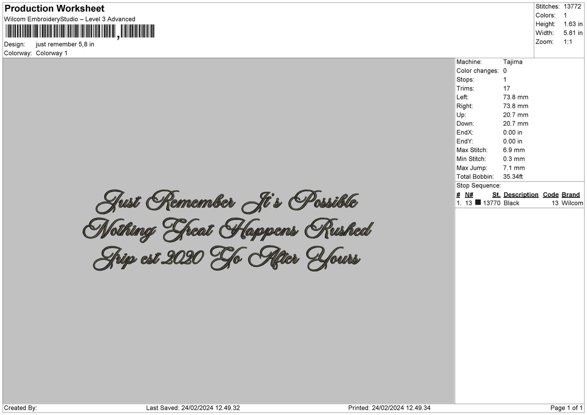 Remember Text 2402 Embroidery File 6 sizes