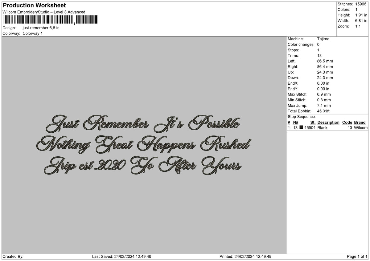 Remember Text 2402 Embroidery File 6 sizes