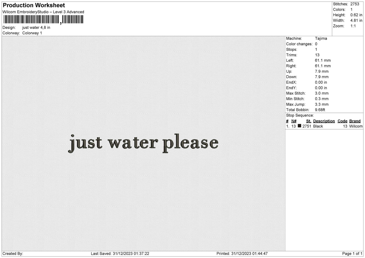 Just Water Embroidery File 6 size