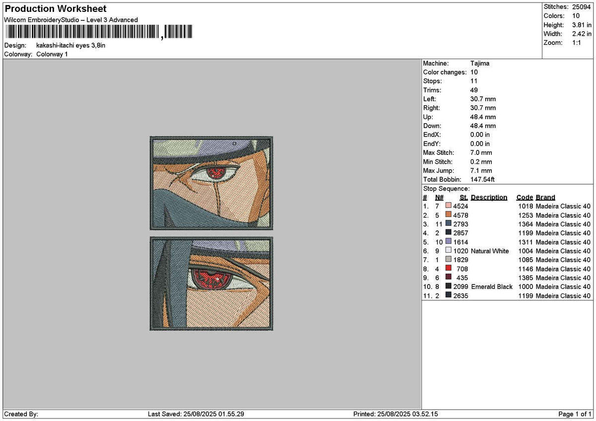 Itachikakashi Eyes Embroidery File 6 sizes