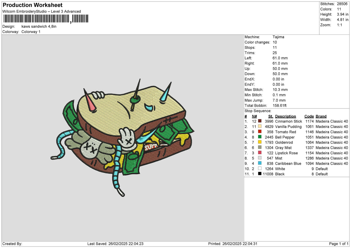 kaws sandwich Embroidery File 6 size