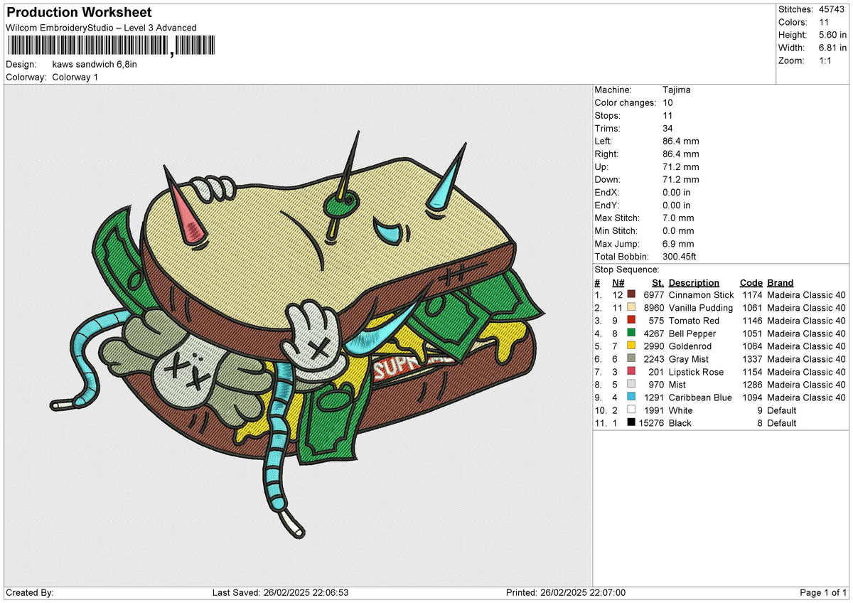 kaws sandwich Embroidery File 6 size