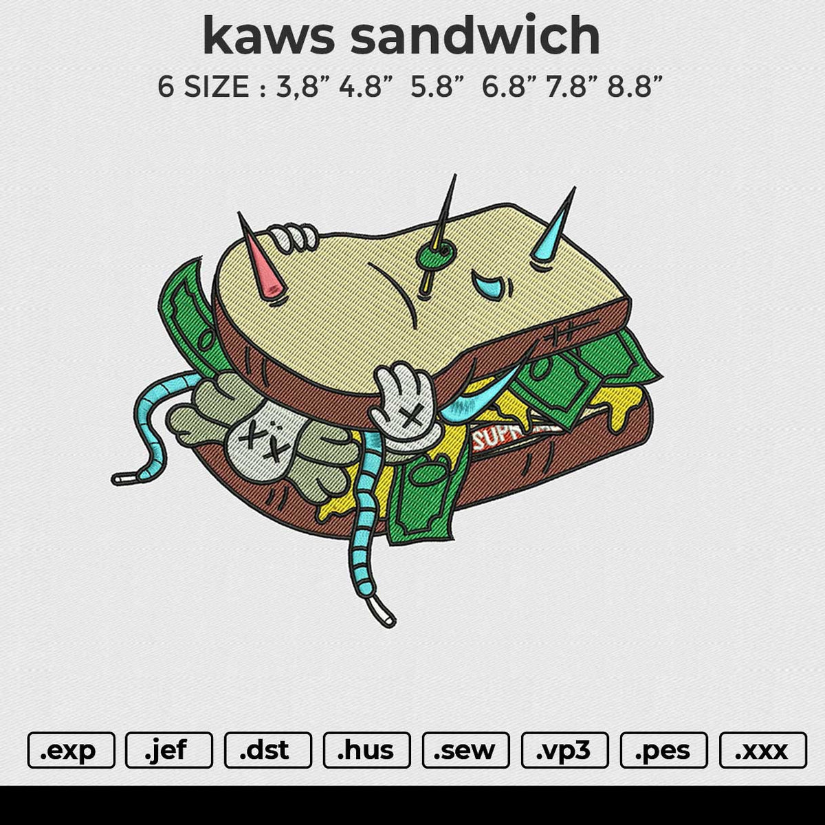 kaws sandwich Embroidery File 6 size