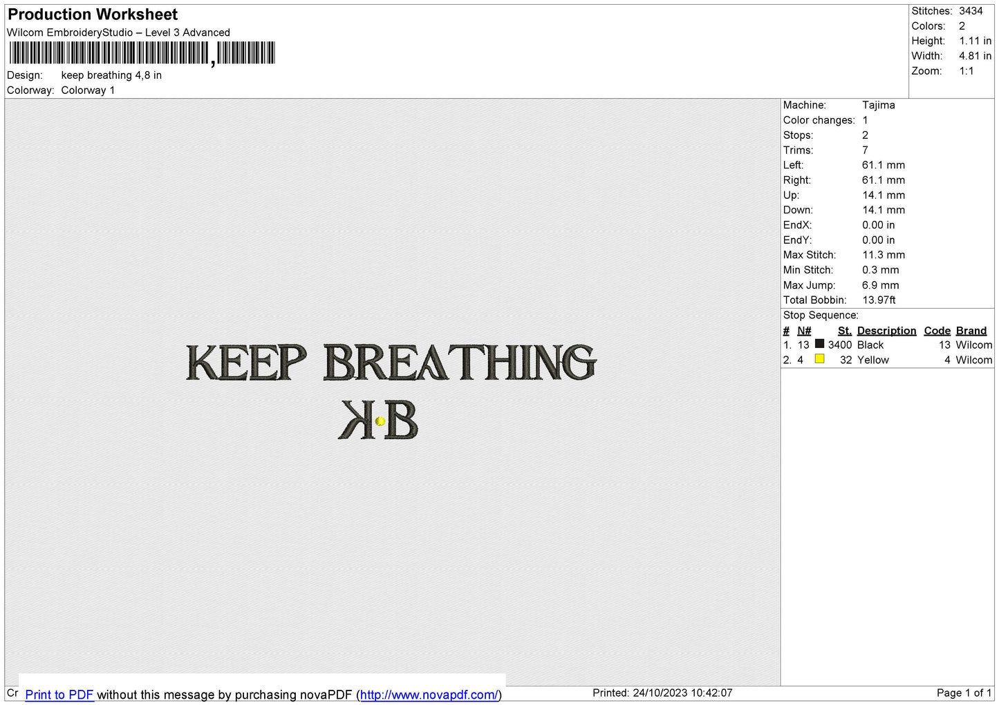 Keep Breathing Embroidery File 6 size