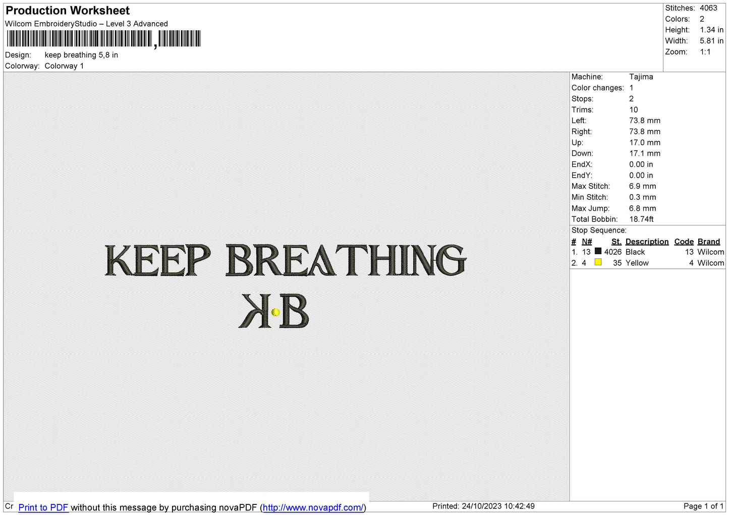 Keep Breathing Embroidery File 6 size