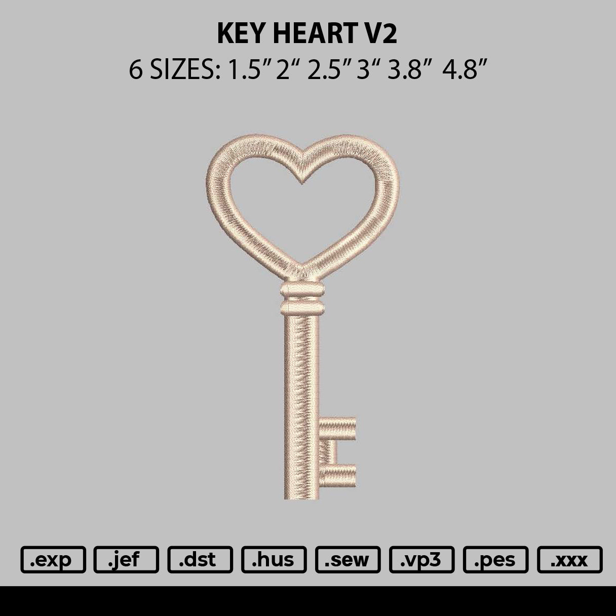 Key Heart V2 Embroidery File 6 sizes