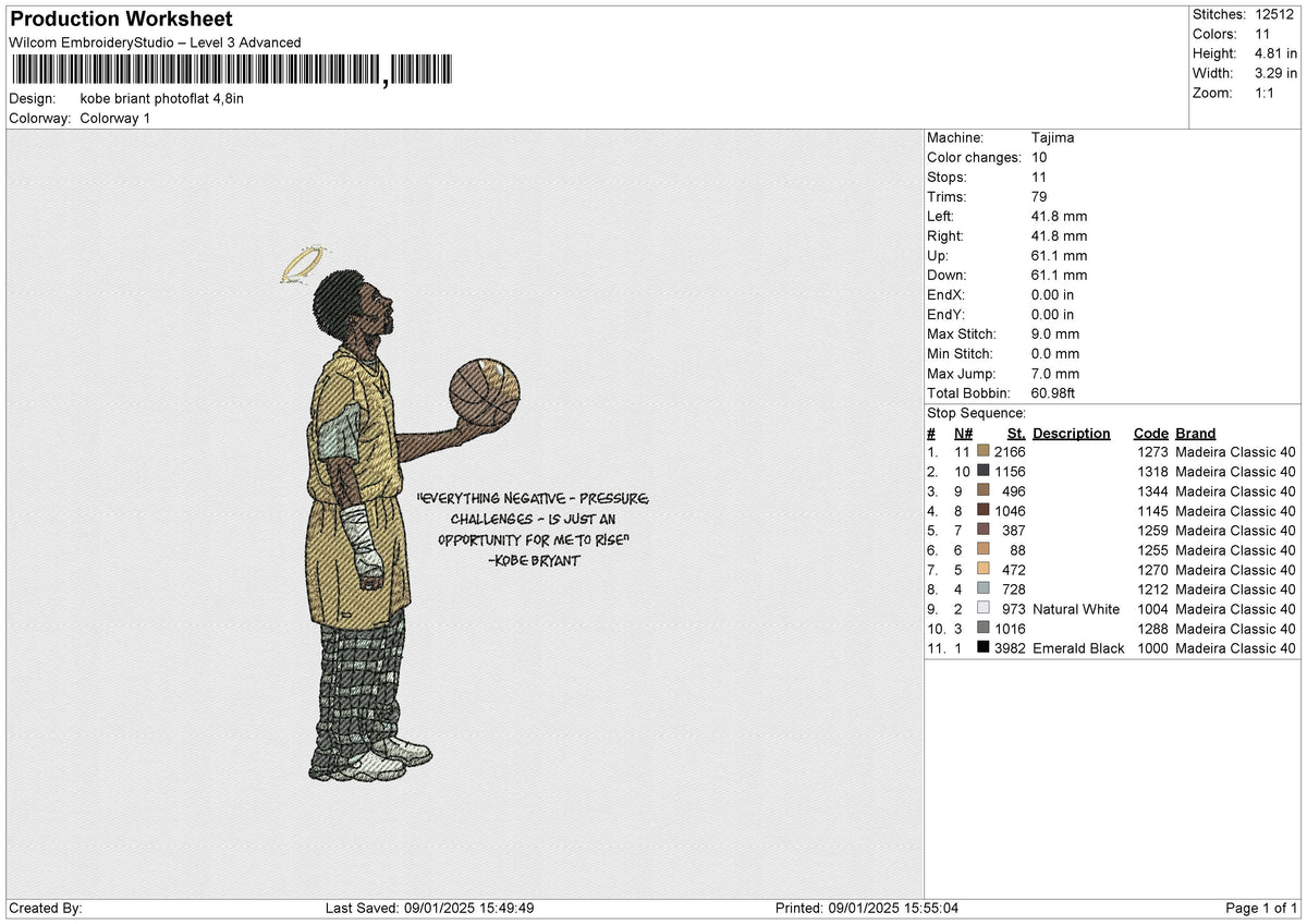 Kobe Briant Photoflat Embroidery File 6 size