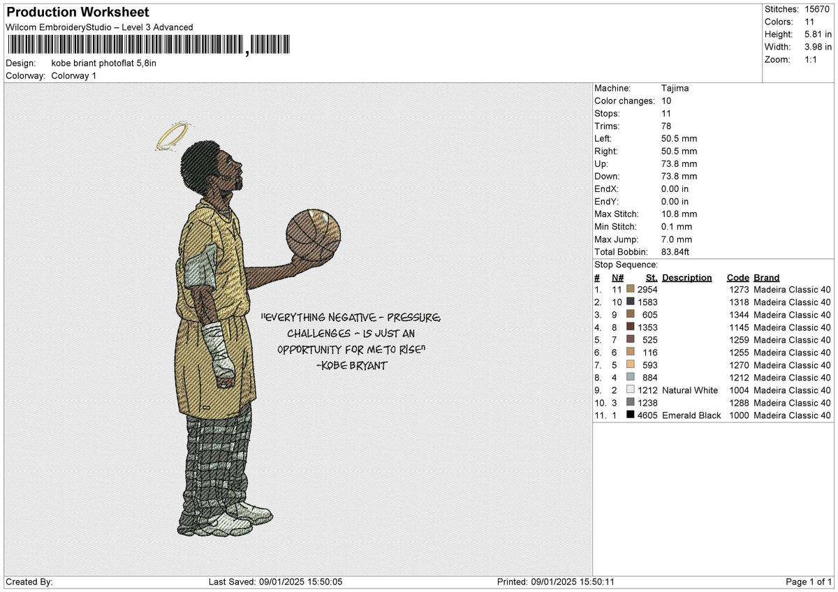 Kobe Briant Photoflat Embroidery File 6 size