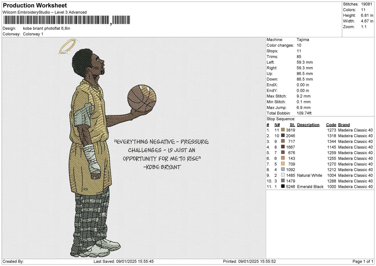 Kobe Briant Photoflat Embroidery File 6 size