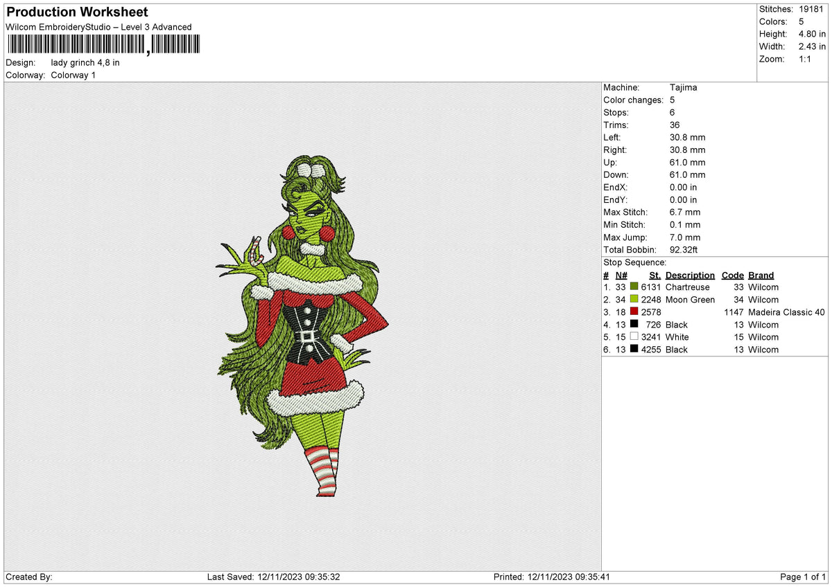 Lady Grinch Embroidery File 6 size