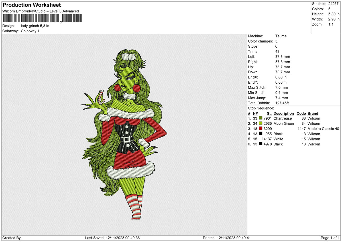 Lady Grinch Embroidery File 6 size