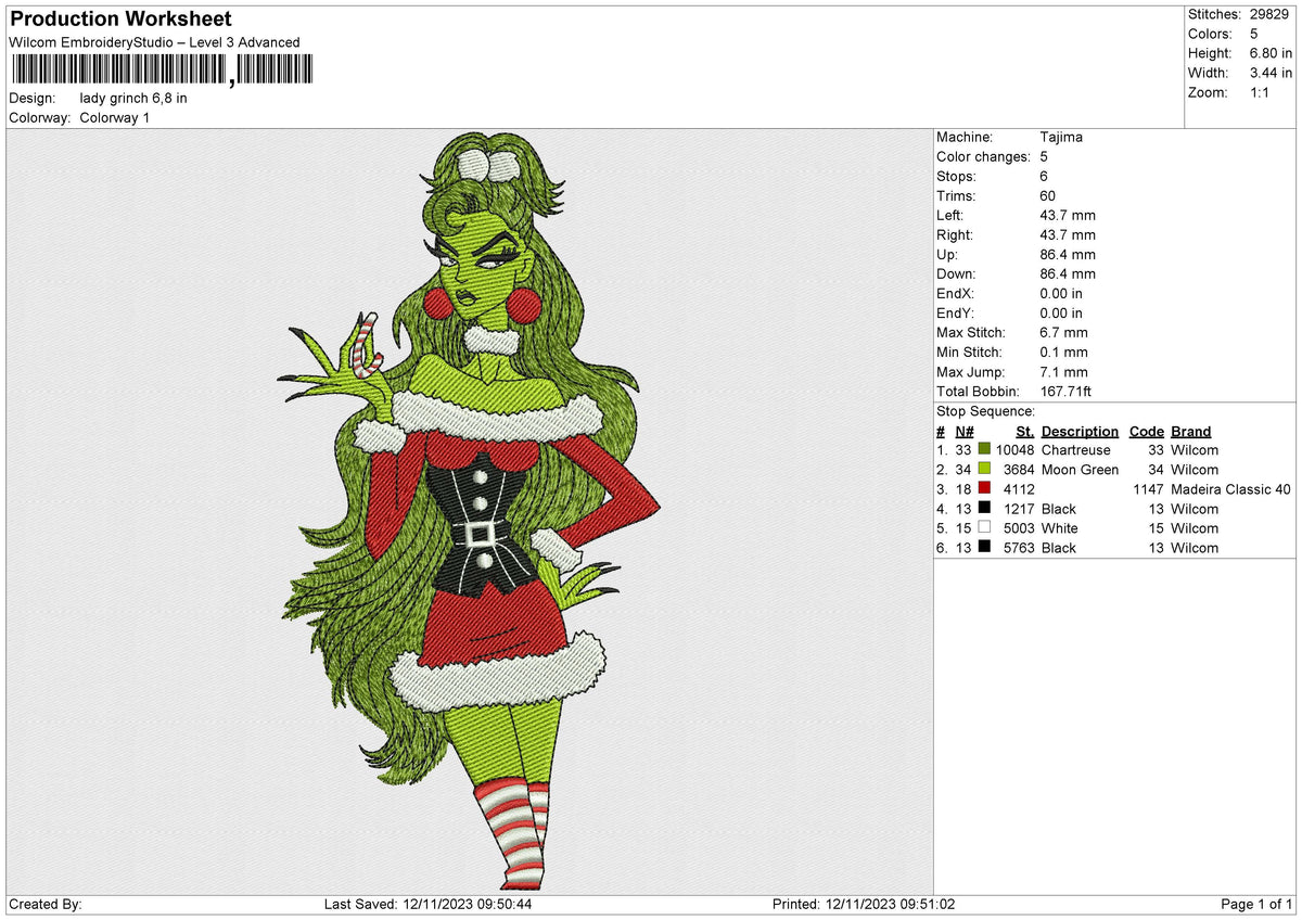 Lady Grinch Embroidery File 6 size