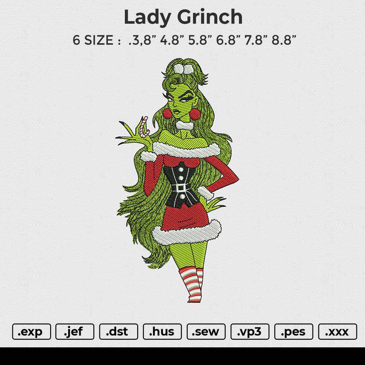 Lady Grinch Embroidery File 6 size