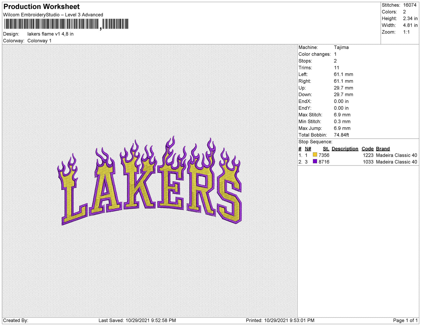 Lakers Flames 02 Embroidery