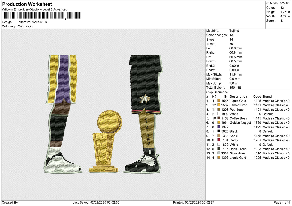 Lakers vs 76ers Embroidery File 6 size