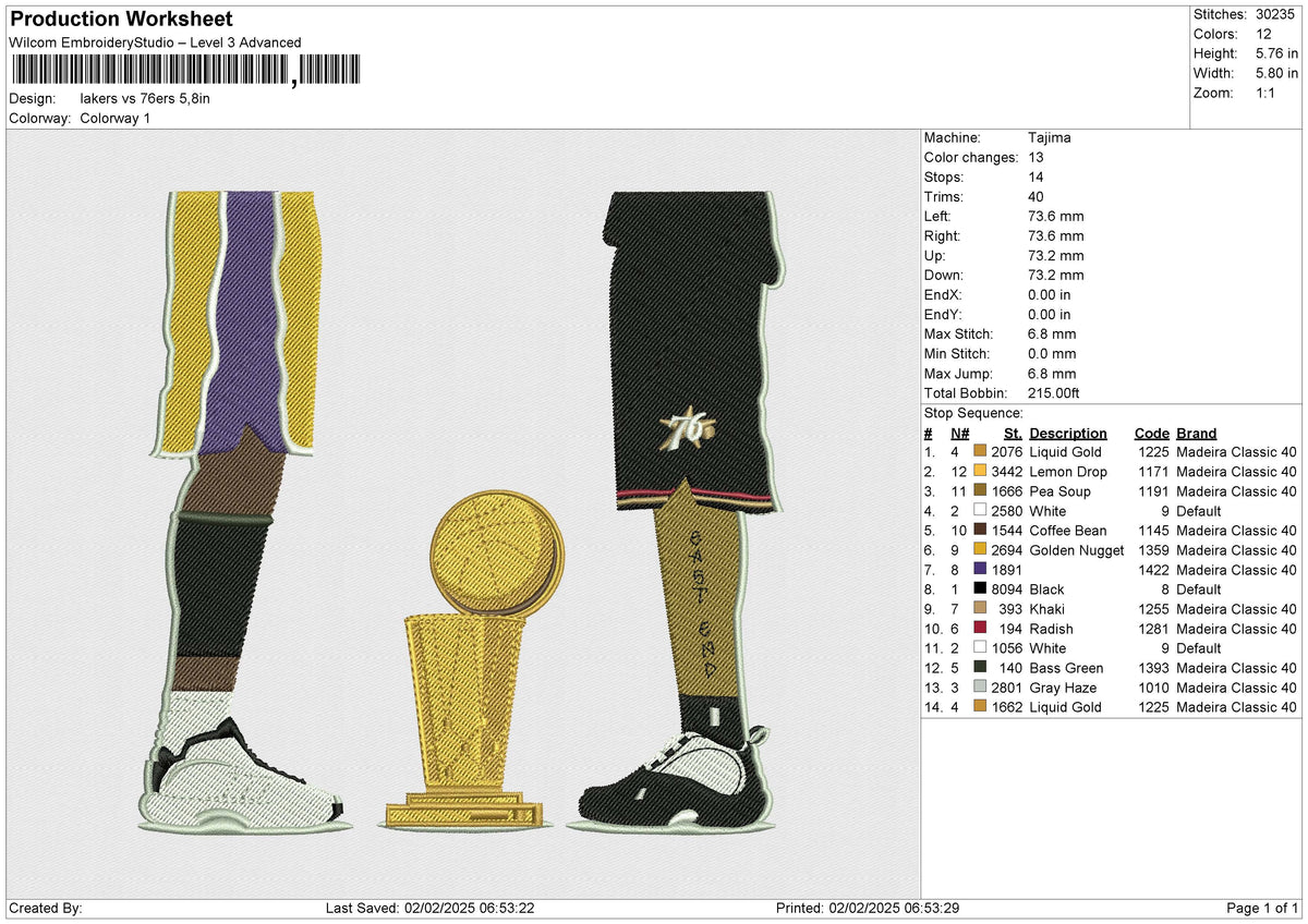 Lakers vs 76ers Embroidery File 6 size