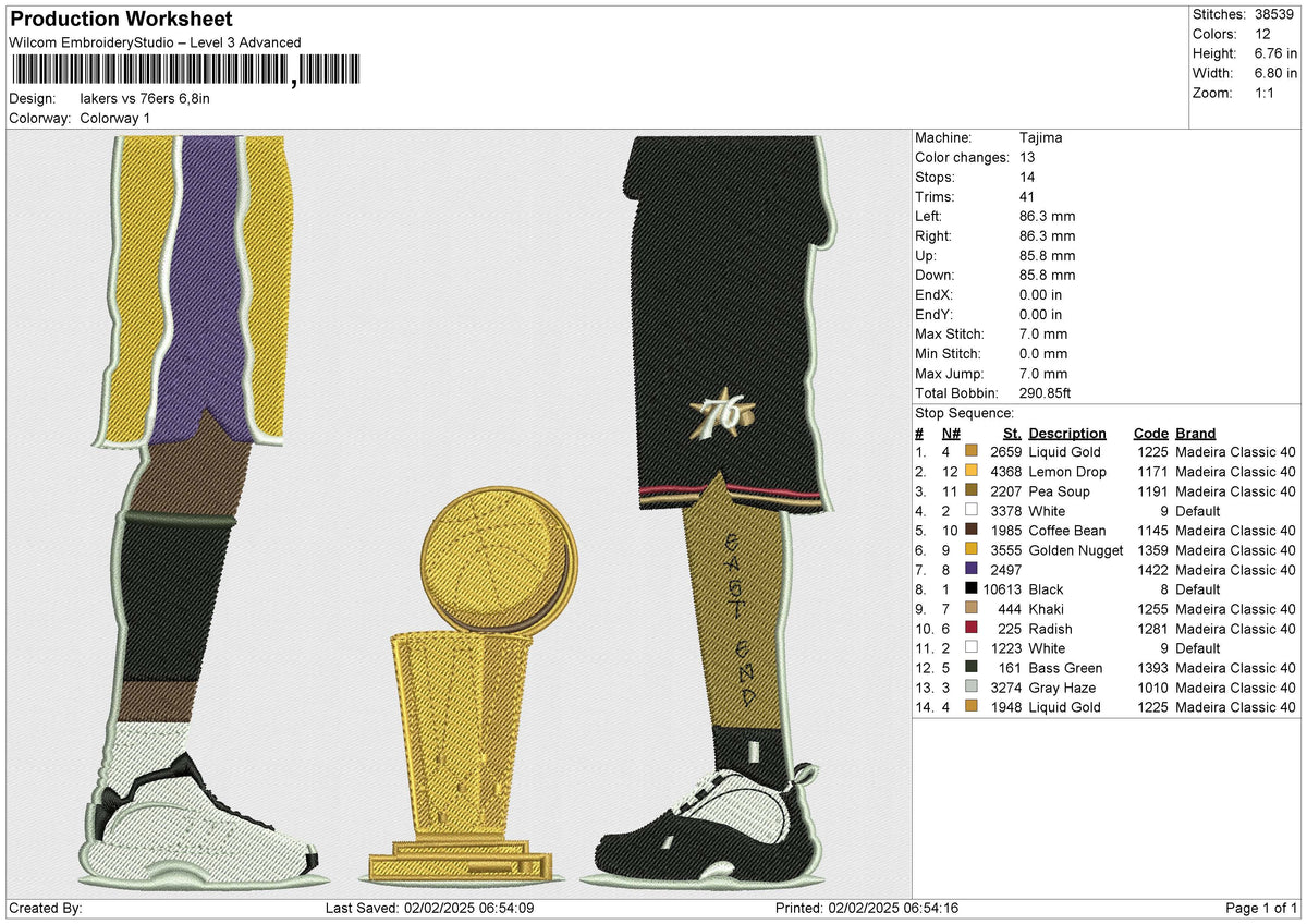 Lakers vs 76ers Embroidery File 6 size