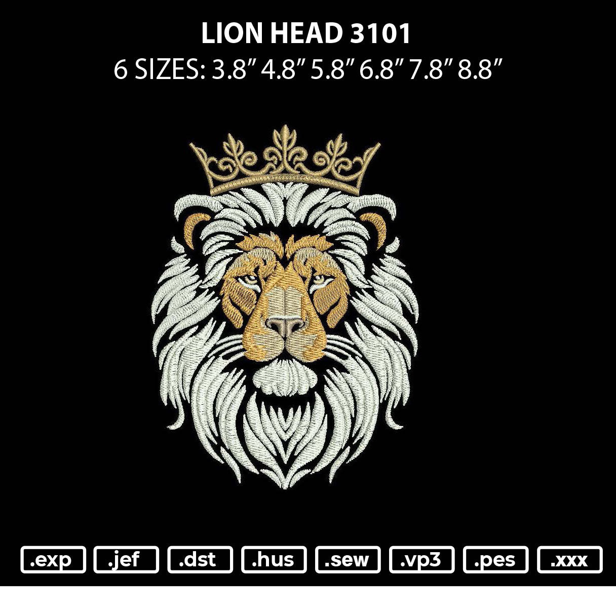 Lion Head 3101 Embroidery File 6 sizes